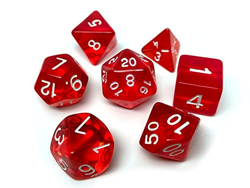 Translucent Polyhedral Dice Set - 7 Piece Dice Set with One D20, D12, D10, D8, D6, D4, and D00 -Red with White Font-