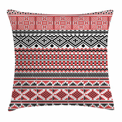 Lunarable Aztec Throw Pillow Cushion Cover, Authentic Mexican Motifs Geometrical and Floral Elements Inca Aztec Folkloric, Decorative Square Accent Pillow Case, 20" X 20", Red Black