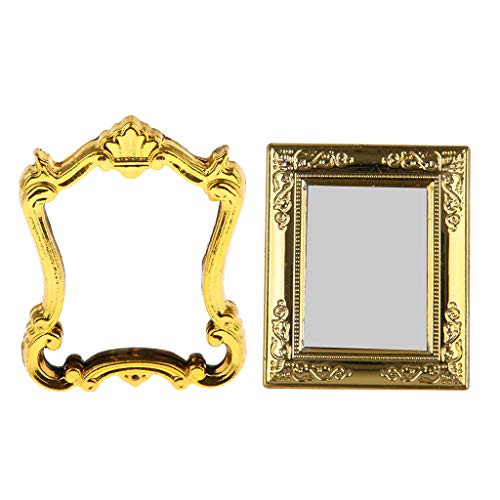 DYNWAVE 2pcs Miniature Wall Mirror Rahmen with Gold Frame for 1/12 Doll House Bedroom Bathroom Living Room Decor Ornaments, Room Box Supplies