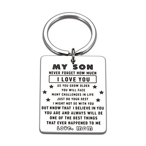 Son Gifts from Mom Mother Inspirational Graduation Keychain to Son Stepson Men Him Back to School Birthday Christmas Valentines Keyring for Teen Boys Motivational I Love You Son Jewelry from Stepmum