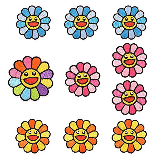10PCS Smiley Face Patch Murakami Flower Patches Embroidered Patches Flowers Smiley Face Iron on Patch