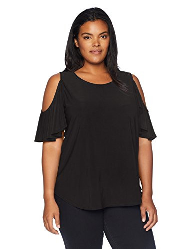 Karen Kane Women's Plus Size Cold Shoulder Ruffle TOP, Black, 3X