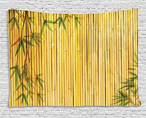 Ambesonne Bamboo House Decor Collection, Light Golden Bamboo Background with Tree Branches Exotic Plants Zen Peaceful Art, Bedroom Living Room Dorm Wall Hanging Tapestry, 80W X 60L Inch, Green
