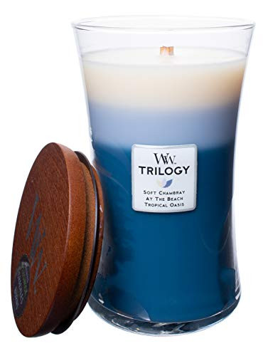 WoodWick WW Trilogy Beachfront Cottage, 3-in-1 Highly Scented Candle, Classic Hourglass Jar, Large 7-inch, 21.5 OZ