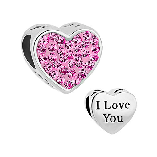 ReisJewelry I Love You Charms Heart Crystal Charm Bead for Bracelets -Pink-