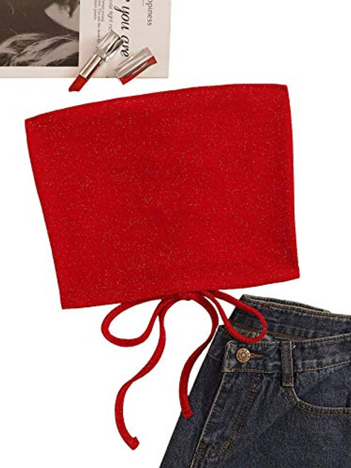 MakeMeChic Women's Tie Back Strapless Sleeveless Bandeau Tube Crop Top Red S