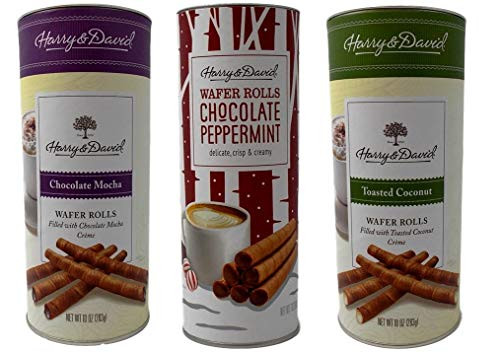 Harry & David Wafer Rolls Cookie Rolls 3 Flavor Variety Gift Bundle, (1) each: Chocolate Mocha, Chocolate Peppermint, Toasted Coconut (7-10 Ounces)