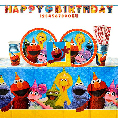 Sesame Street Party Supplies Pack for 16 Guests: Straws, Dinner Plates, Luncheon Napkins, Cups, Table Cover, and Banner