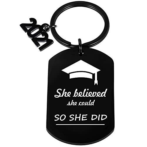 Stainless Steel Class 2021 Graduation Inspirational Mantra Keychain,She Believed She Could So She Did,Inspirational Unique Graduation Gifts 2021-Black-