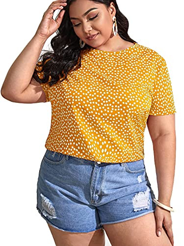Romwe Women's Plus Size Floral Print Puff Short Sleeve Casual Blouse Tops Yellow 3XL