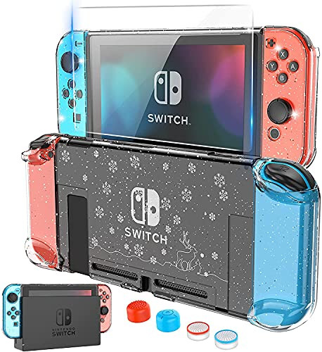 HEYSTOP Clear Case Compatible with Nintendo Switch Dockable with Screen Protector, Protective Case Cover for Nintendo Switch Joy-Con, Tempered Glass Screen Protector and 4 Pcs Thumb Caps -Snow-