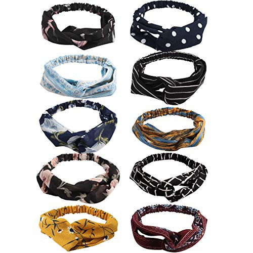 Casoty 10 pcs Boho Headband, Vintage Floral Headbands?Knotted Headband Hair Turban Headbands Vintage Cross Elastic Head Wrap Hair Accessories for Women