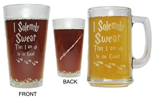 I Solemnly Swear That I Am Up To No Good Beer Mug and Pint Glass Gift Set - 15oz Engraved Beer Mug with 16oz Pint Glass-Permanently Etched