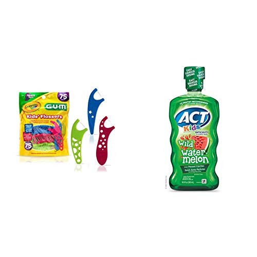 GUM-897 Crayola Kids' Flossers, Grape, Fluoride Coated, Ages 3 plus, 75 Count and ACT Kids Anticavity Fluoride Rinse Wild Watermelon 16.9 fl. oz. Accurate Dosing Cup, Alcohol Free GUM-897 Crayola Kids' Flossers, Grape, Fluoride Coated, Ages 3 plus, 75 Count and ACT Kids Anticavity Fluoride Rinse Wild Watermelon 16.9 fl. oz. Accurate Dosing Cup, Alcohol Free