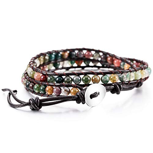 Caiyao Boho Bracelets Adjustable Rope Buckle Handmade Leather-Wrapped Bracelet Jewelry Bohemian Style Bracelets Natural Stone Wrap Bracelets Variety Beads Strand Bracelet-Colorful