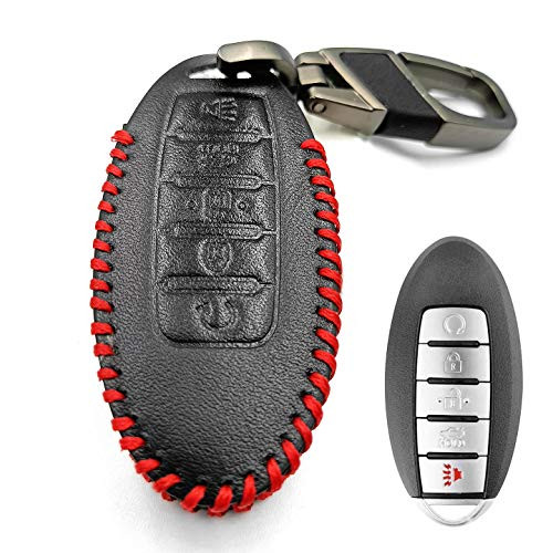 FENGRUISI Genuine Leather Smart Key Fob Case Cover for Nissan Versa, Sentra, Altima, Maxima, Rogue, 2020 Infiniti Q50, Q60, QX50, QX60, QX80 and More Models -Black, 5 Keys-