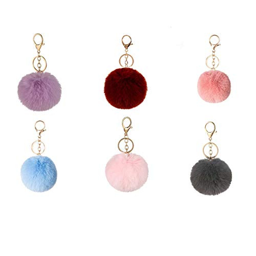 6 Pieces Pom Poms Keychains Fluffy Balls Pompoms Key Chain Faux Rabbit Fur Pompoms Keyring for Girls Women Hats Bags Knitting Accessories