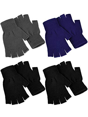 4 Pairs Winter Half Finger Gloves Knitted Fingerless Mittens Warm Stretchy Gloves for Men and Women -Black, Grey, Blue-