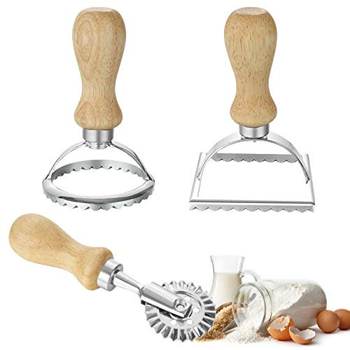 3 Set Ravioli Cutter, Pasta Machine Set, 2 Pcs Ravioli Maker and 1 Pcs Pasta Cutter, Ravioli Stamp Maker Cutter with Wooden Handle and Fluted Edge, Pizza Cutter Wheel Mold for Pasta, Dumplings etc