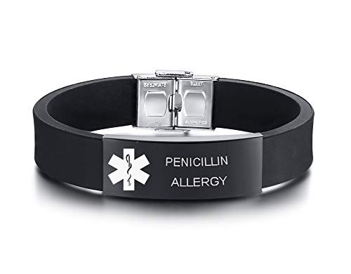 XUANPAI PENICILLIN Allergy Mens Black Silicone Rubber with Stainless Steel ID Tag Medic Alert Bracelet,Adjustable