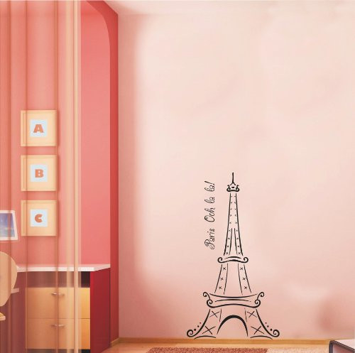 Eiffel Tower Ooh La La Paris Vinyl Wall Decal Sticker (48" H x 26" W, Black)