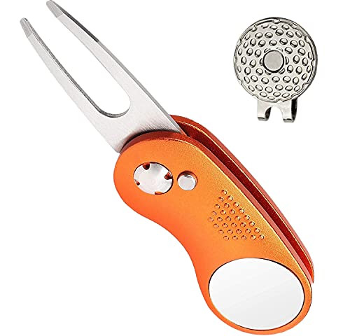 ETRUCTGINA Golf Divot Repair Tool Switchblade with Ball Marker Magnetic, Foldable Pop-up Button Stainless Steel Divot Tool -Orange-