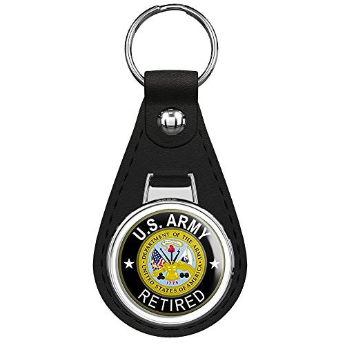PRS Vinyl Round U.S. Army Retired -Vet Veteran us Military Logo- Black Leather Keychain Silver Keyring