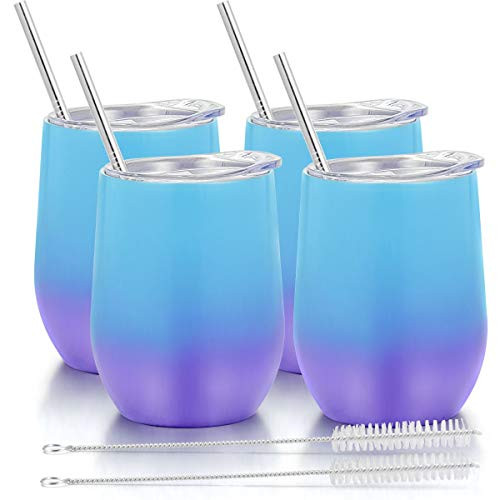 Fungun 4 Pack Stemless Wine Tumbler, 12 Oz Stainless Steel Wine Glass with Straws, Unbreakable Double Wall Cup Insulated Tumbler with Lids for Wine, Coffee, Drinks, Cocktails, Champagne(Colorful2)