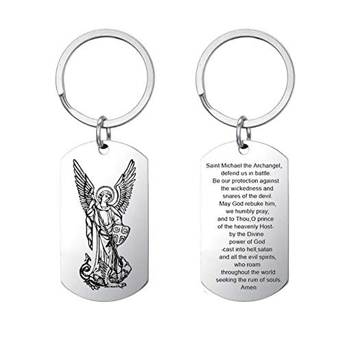 Personalized Saint Michael Keychain - Customized Stainless Steel St Michael Dog Tag God Prayers St. Michael The Archangel Keyring Jewelry Gift for Men Women
