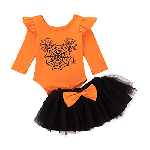 Infant Toddler Baby Girl Halloween Clothes Sets Ruffle Sleeve Spider Web Print Romper Bowknot Tulle Tutu Skirt Headband 3Pcs Fall Outfit -Orange, 9-12 Months-