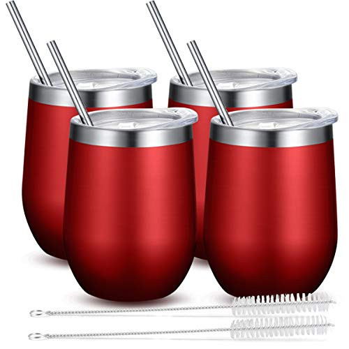 Fungun 4 Pack Stemless Wine Tumbler, 12 Oz Stainless Steel Wine Glass, Unbreakable Double Wall Cup Insulated Tumbler with Lids for Wine, Coffee, Drinks, Cocktails, Champagne(Wine Red)