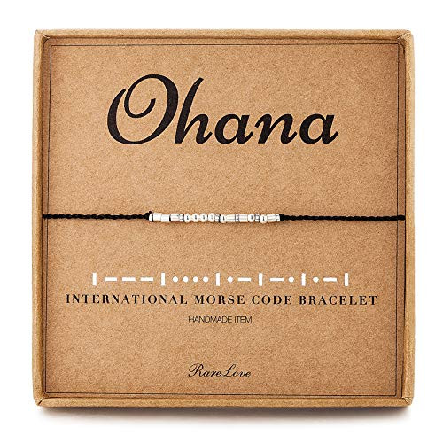 RareLove Ohana Morse Code Bracelet 925 Sterling Silver Beads BFF Friendship Inspirational Gift for Women Girls Beaded Bracelets Adjustable Black String