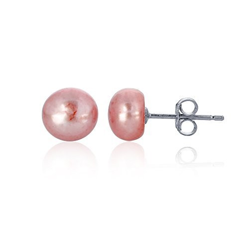 Sterling Silver Hypoallergenic Pink Pearl Stud Earrings Freshwater Cultured Button Pearl Studs For Women or Girls, 8mm-9mm