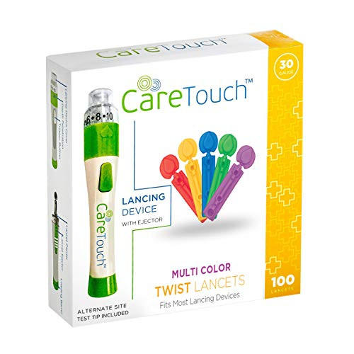Care Touch Adjustable Lancing Device with 100 Multi Colored Twist Top Lancets - 100 30-Gauge Lancets and Lancing Device - 10 Depths