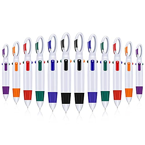 12 Pack 1.0 mm 4-in-1 Shuttle Pens Retractable with Carabiner Keychain On Top, 4-Color Retractable Multicolor Ballpoint Pens for Office School Supplies Students Children Gift