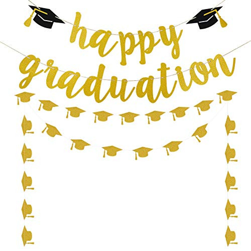 2021 Graduation Banner, Gold Glitter Happy Graduation Banner plus Graduation Cap Banner for 2021 Graduation Party Decorations, Congrats Grad 2021 Graduation Party Supplies 2021 Graduation Banner, Gold Glitter Happy Graduation Banner plus Graduation Cap Banner for 2021 Graduation Party Decorations, Congrats Grad 2021 Graduation Party Supplies