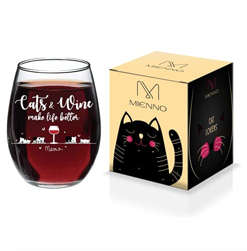 Mienno Cats and Wine Make Life Better Stemless Wine Glass, Cute and Funny Cat Wine Glass, Premium Quality Borosilicate Glass, Great Gift for Cat and Wine Lovers with Gift Box, 16oz