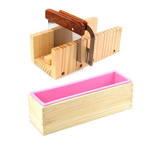 Echodo Adjustable Wooden Soap Loaf Cutter Mold + Rectangle Handmade Silicone Soap Mould with Wood box + 2pcs Wavy & Straight DIY Making Loaf Garnish Cake Soap Cutter