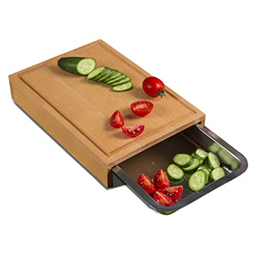 Wooden Cutting Board with Metal Tray | Chopping Container, Drawer | for Meat, Salad, Vegetables, Fruits, Bread, Cheese