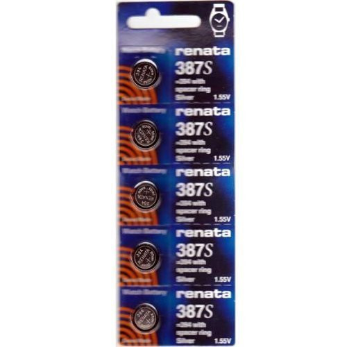 Renata 387 Button Cell watch battery, 5 Batteries by Renata