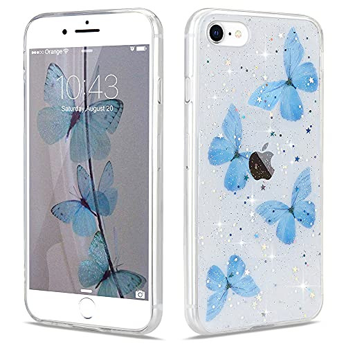Wirvyuer Compatible with iPhone SE 2020 case,iPhone 7 Case,iPhone 8 Case,Bling Cute Glitter Blue Butterfly Case for Women Girls Soft TPU Bumper Silicone Transparent Shockproof Protective Cover,Clear