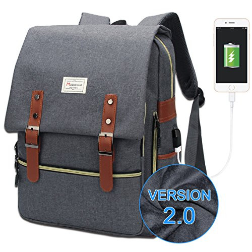 Modoker Vintage Laptop Backpack for Women Men,School College Backpack with USB Charging Port Fashion Backpack Fits 15 inch Notebook (Grey-Function Update)