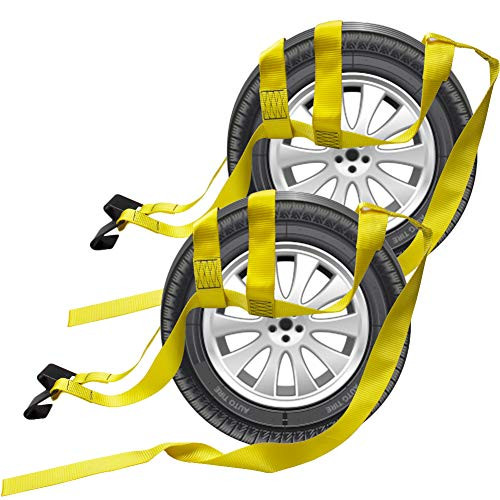Bang4buck 2 Pieces Universal Adjustable Bonnet Tie Down System Wheel Straps for Demco Kar Kaddy Dollys with 2 Flat Hooks (Yellow-Rachet Strap)