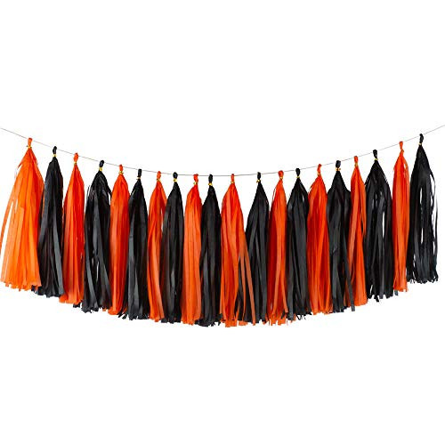 Aimto 20pcs Black and Orange Shiny Tassel Garland Banner Tissue Paper Tassels for Halloween Party Decorations