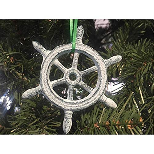 Hampton Nautical 3xglass-101 Dark Blue Whitewashed Cast Iron Ship Wheel Decorative 4"-Unique Christmas Ornament, 4"