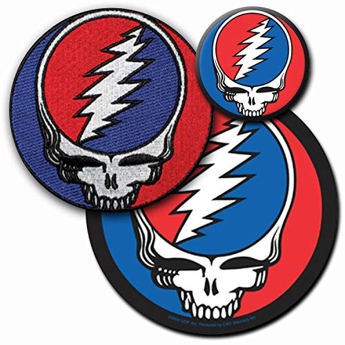 C and D Visionary Band 3 Piece Grateful Dead Sticker, Patch, Button Set, Red, Black