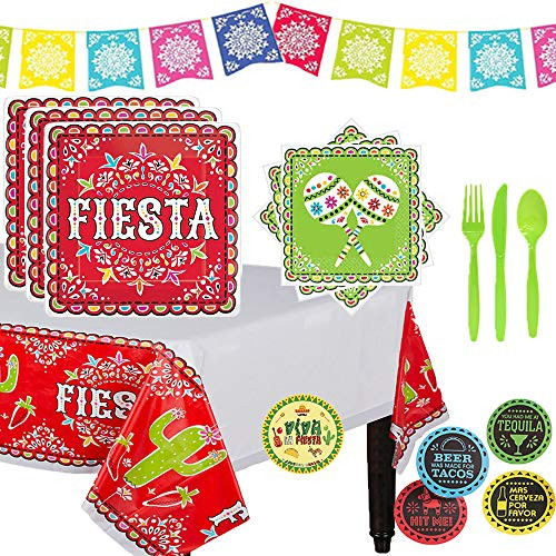 Mexican Fiesta Party Supplies Tableware Pack For 16 Guests Summer Party, Cinco De Mayo, With Fiesta Picado Del Papel Plates, Napkins, Tablecover, Cutlery, Coasters, Del Sol Banner, and Exclusive Pin