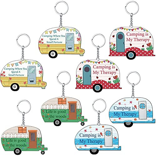 8 Pieces Camper Keychain Find Joy in The Journey Happy Camper Keychains Adventure Awaits Trailer Key Chain Forest Scene Camping Voyage Keychains Camper Travel Themed Decorations Camping Party Favors