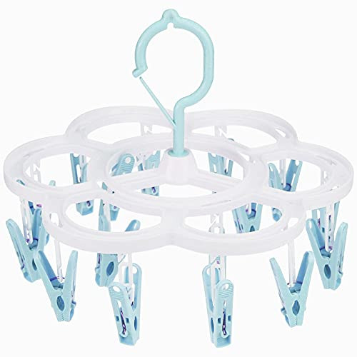 Clothespin Rack Laundry Drying Rack,Clothes Hangers with 16 Clips,Clip Hanger Drip Hanger for Drying Underwear,Baby Clothes,Socks,Bras,Towel,Pants,Hat,Scarf,Cloth Diapers,Gloves -Light Blue-