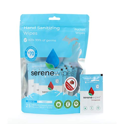 Serene Wipes - 25 Individually Packaged Hand Sanitizer Wipes Travel Size - Alcohol Wipes Made with Tea Tree Oil and Aloe Vera - Pomegranate Scent